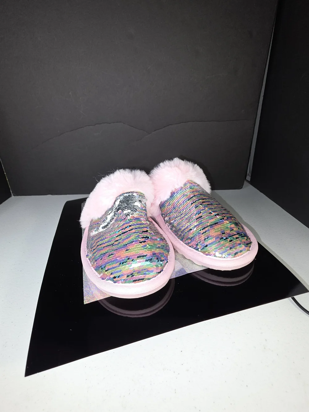 The Children's Place Flip Sequin Faux Fur Slippers Pink Multi Big Girl Sz 5/6